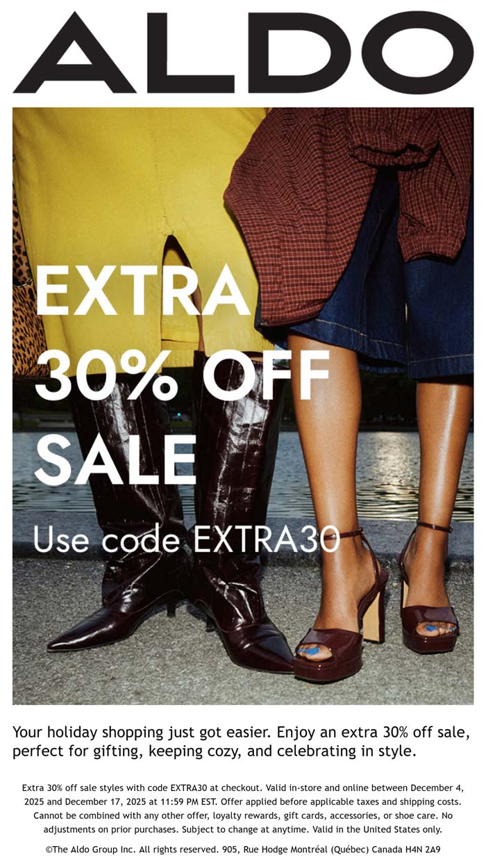 Extra 30% off sale items at ALDO via promo code EXTRA30 #aldo
