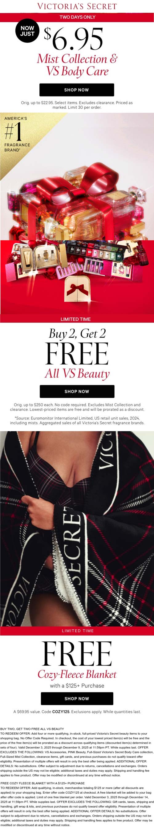 4-for-2 on all beauty & more at Victorias Secret, free blanket on $125 via promo COZY125 #victoriassecret